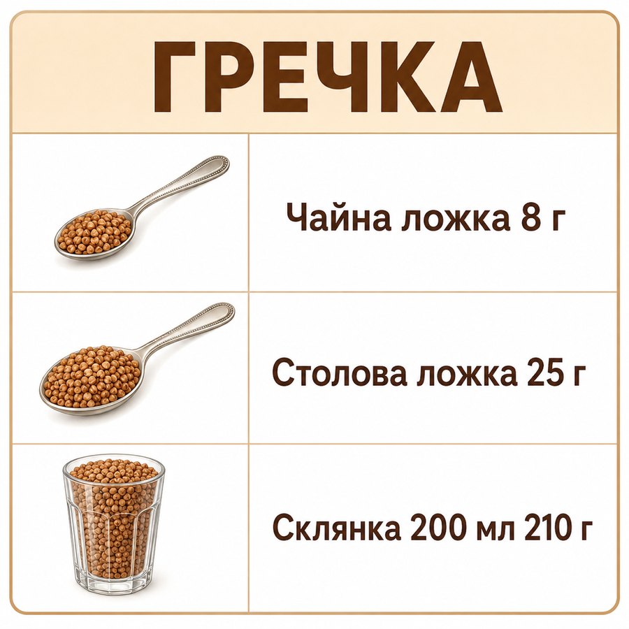 Таблиця мір: Гречка - Чайна ложка 8 г, Столова ложка 25 г, Склянка 200 мл 210 г