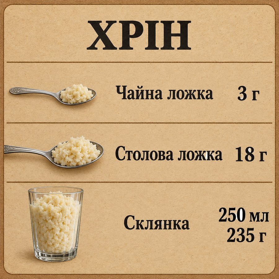 Таблиця мір: Хрін - Чайна ложка 3 г, Столова ложка 18 г, Склянка 250 мл 235 г