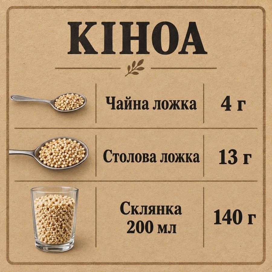 Таблиця мір: Кіноа - Чайна ложка 4 г, Столова ложка 13 г, Склянка 200 мл 140 г