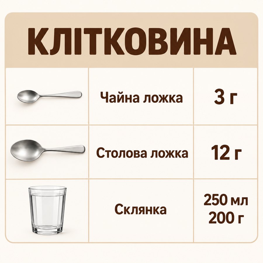 Таблиця мір: Клітковина - Чайна ложка 3 г, Столова ложка 12 г, Склянка 250 мл 200 г
