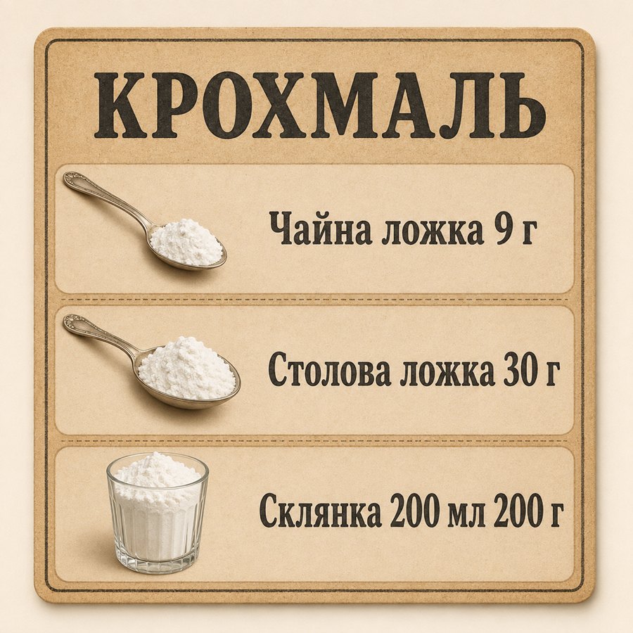 Таблиця мір: Крохмаль - Чайна ложка 9 г, Столова ложка 30 г, Склянка 200 мл 200 г