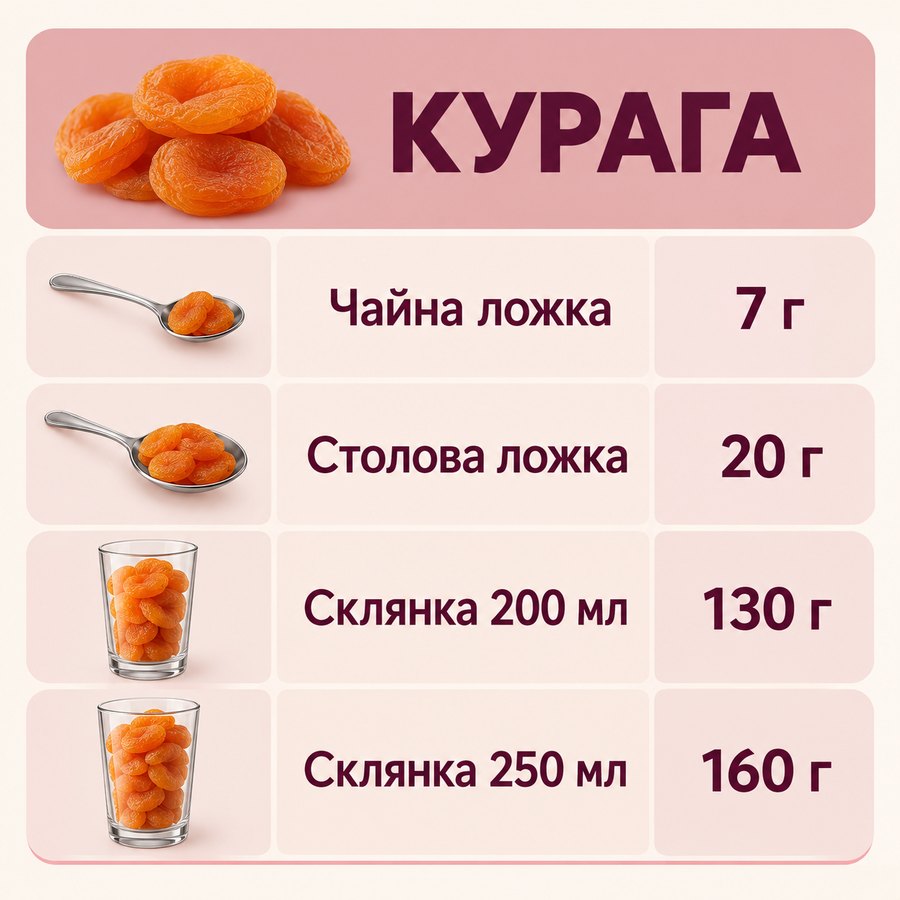 Таблиця мір: Курага - Чайна ложка 7 г, Столова ложка 20 г, Склянка 200 мл 130 г, Склянка 250 мл 160 г
