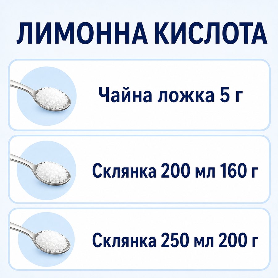 Таблиця мір: Лимонна кислота - Чайна ложка 5 г, Склянка 200 мл 160 г, Склянка 250 мл 200 г