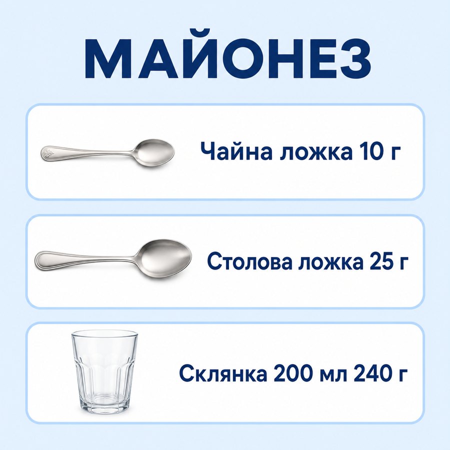 Таблиця мір: Майонез - Чайна ложка 10 г, Столова ложка 25 г, Склянка 200 мл 240 г