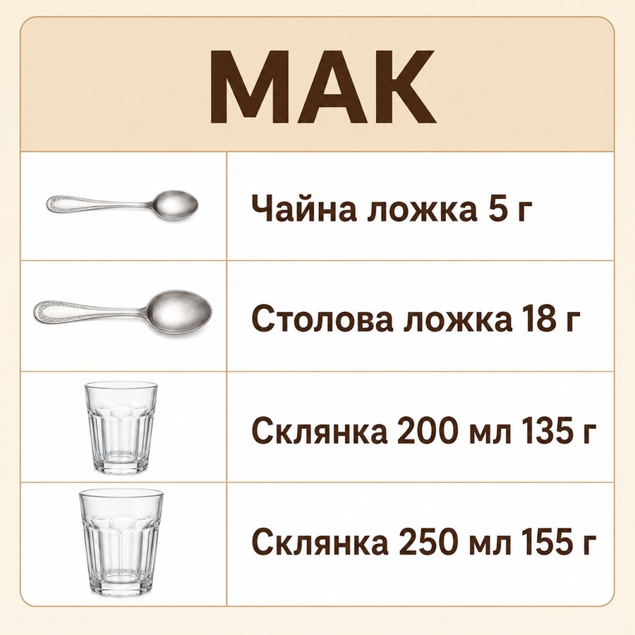 Таблиця мір: Мак - Чайна ложка 5 г, Столова ложка 18 г, Склянка 200 мл 135 г, Склянка 250 мл 155 г