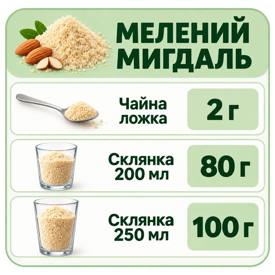Таблиця мір: Мелений мигдаль - Чайна ложка 2 г, Склянка 200 мл 80 г, Склянка 250 мл 100 г