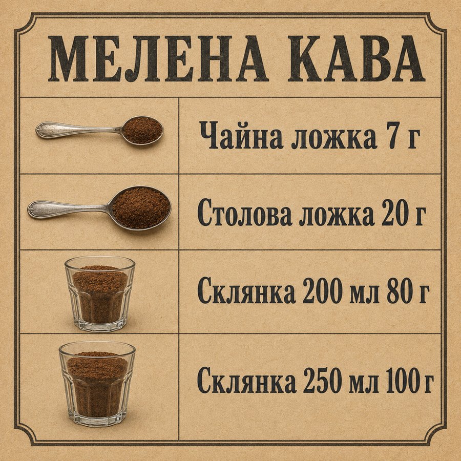 Таблиця мір: Мелена кава - Чайна ложка 7 г, Столова ложка 20 г, Склянка 200 мл 80 г, Склянка 250 мл 100 г