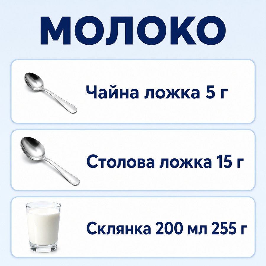 Таблиця мір: Молоко - Чайна ложка 5 г, Столова ложка 15 г, Склянка 200 мл 255 г