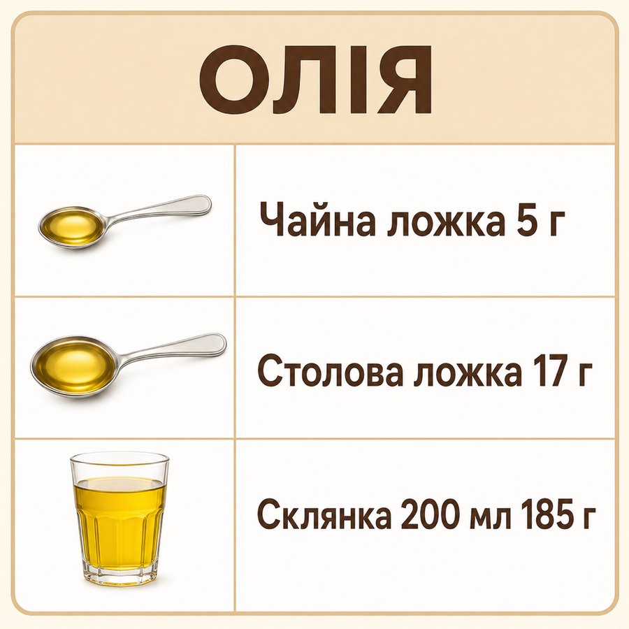 Таблиця мір: Олія - Чайна ложка 5 г, Столова ложка 17 г, Склянка 200 мл 185 г