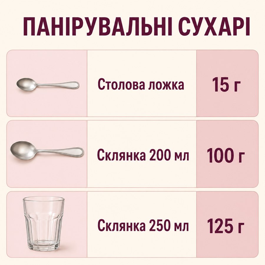 Таблиця мір: Панірувальні сухарі - Столова ложка 15 г, Склянка 200 мл 100 г, Склянка 250 мл 125 г