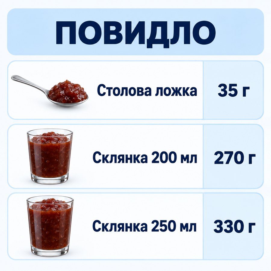 Таблиця мір: Повидло - Столова ложка 35 г, Склянка 200 мл 270 г, Склянка 250 мл 330 г