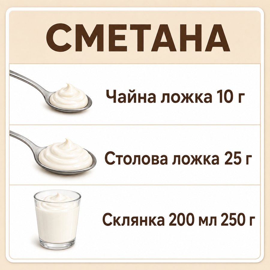 Инфографика: Сколько грамм сметаны в ложке и стакане: таблица мер