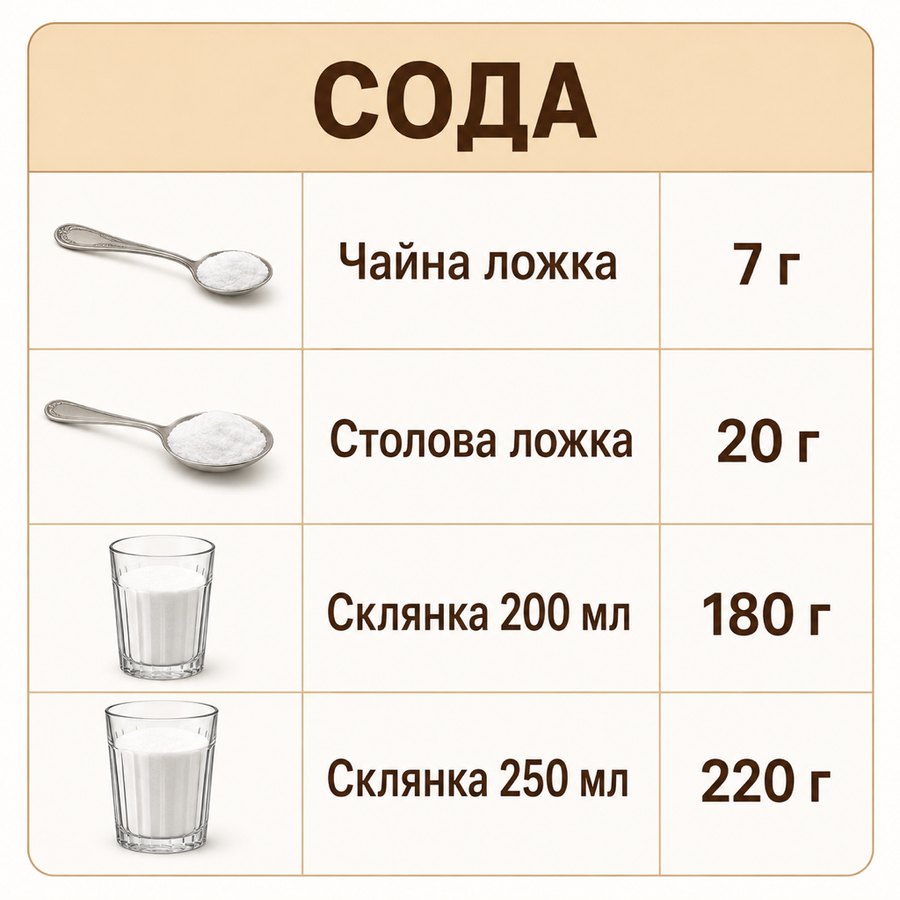 Таблиця мір: Сода - Чайна ложка 7 г, Столова ложка 20 г, Склянка 200 мл 180 г, Склянка 250 мл 220 г