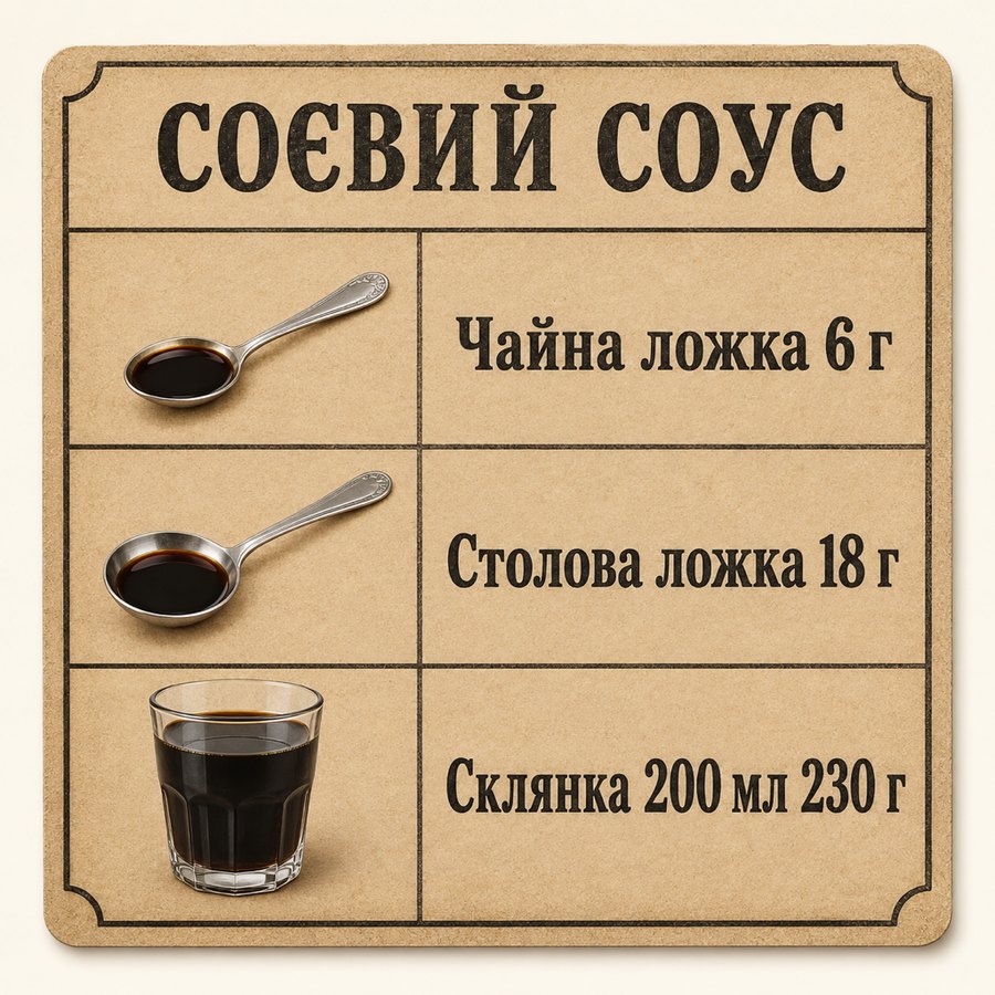 Таблиця мір: Соєвий соус - Чайна ложка 6 г, Столова ложка 18 г, Склянка 200 мл 230 г