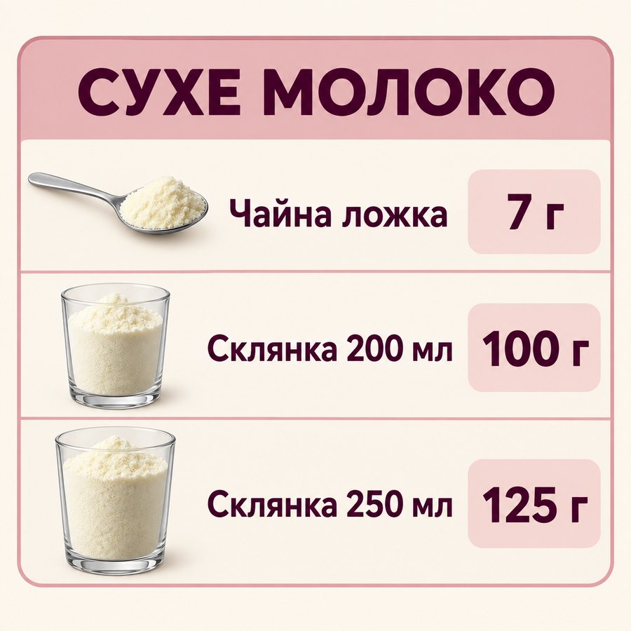 Таблиця мір: Сухе молоко - Чайна ложка 7 г, Склянка 200 мл 100 г, Склянка 250 мл 125 г