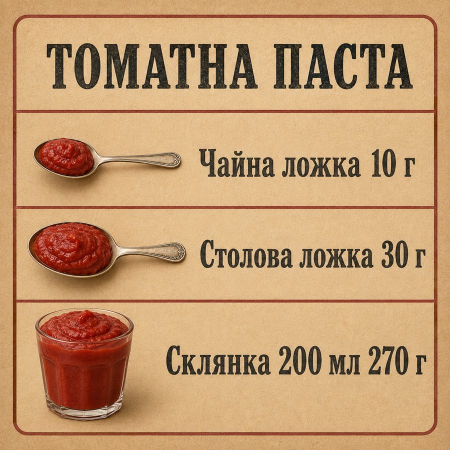 Таблиця мір: Томатна паста - Чайна ложка 10 г, Столова ложка 30 г, Склянка 200 мл 270 г