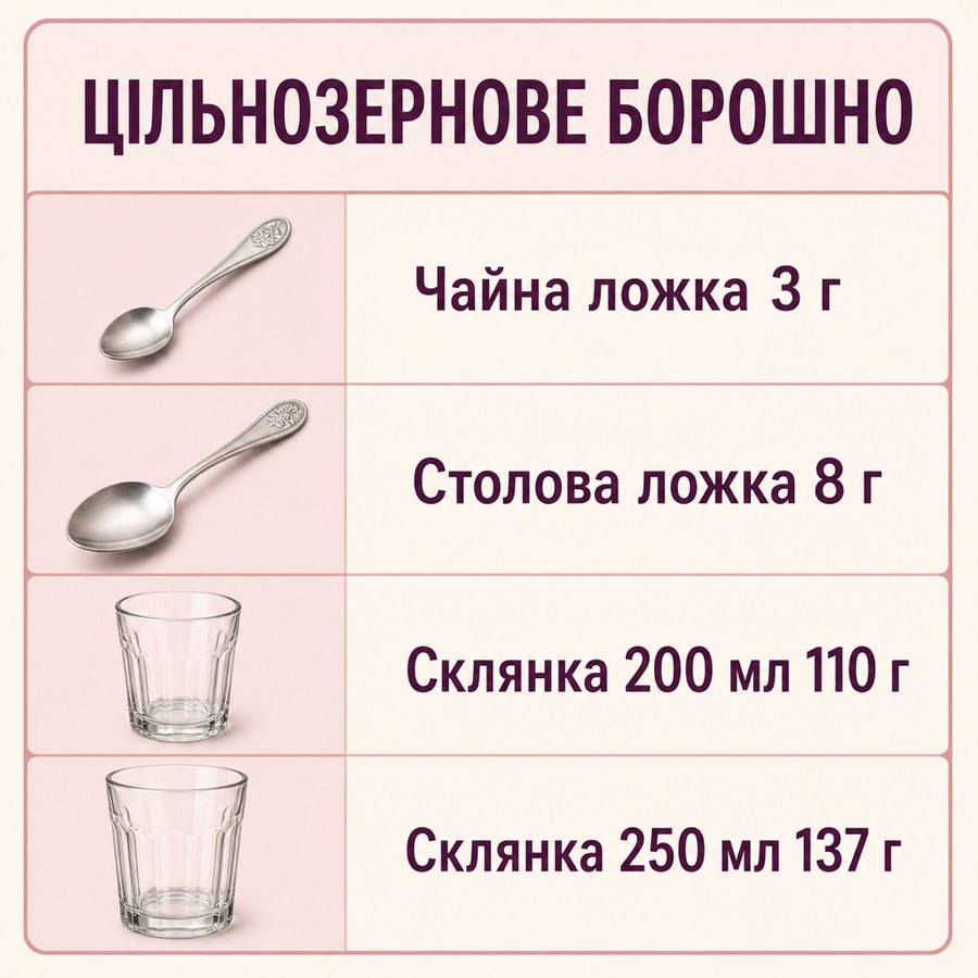 Таблиця мір: Цільнозернове борошно - Чайна ложка 3 г, Столова ложка 8 г, Склянка 200 мл 110 г, Склянка 250 мл 137 г