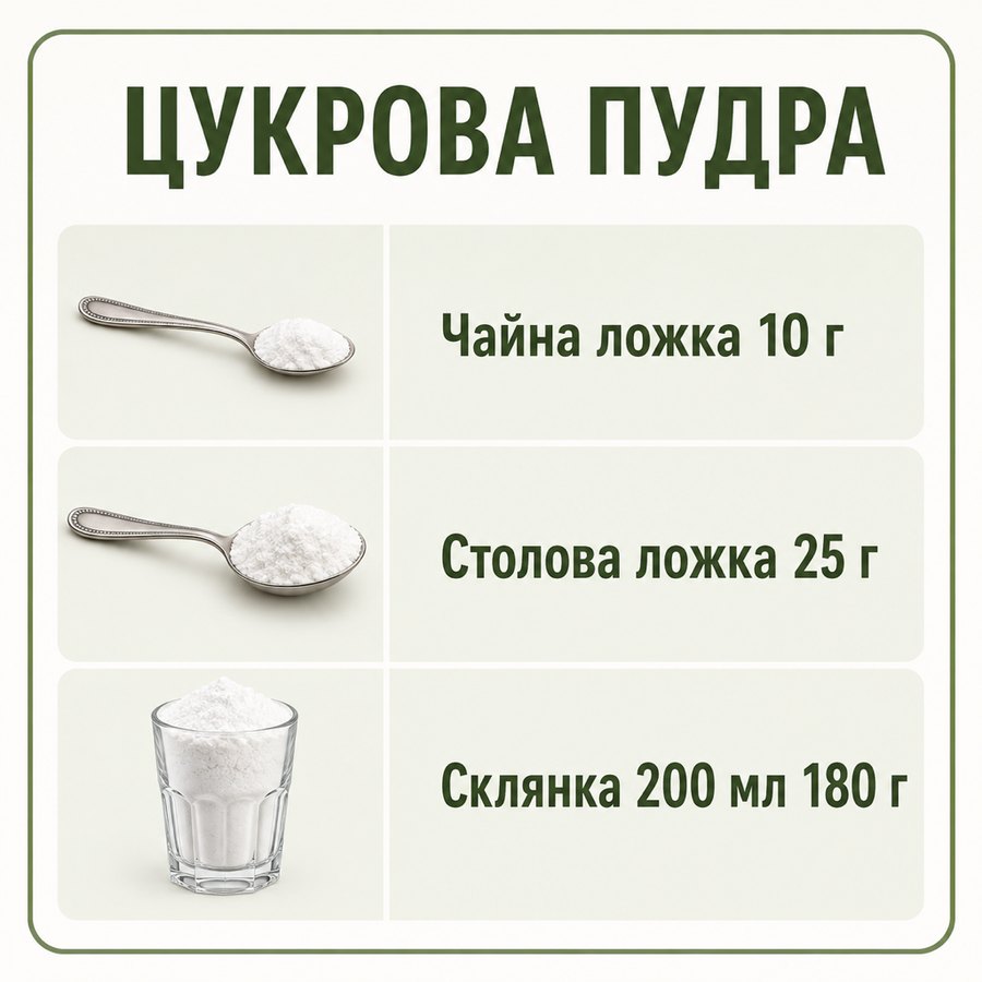 Таблиця мір: Цукрова пудра - Чайна ложка 10 г, Столова ложка 25 г, Склянка 200 мл 180 г