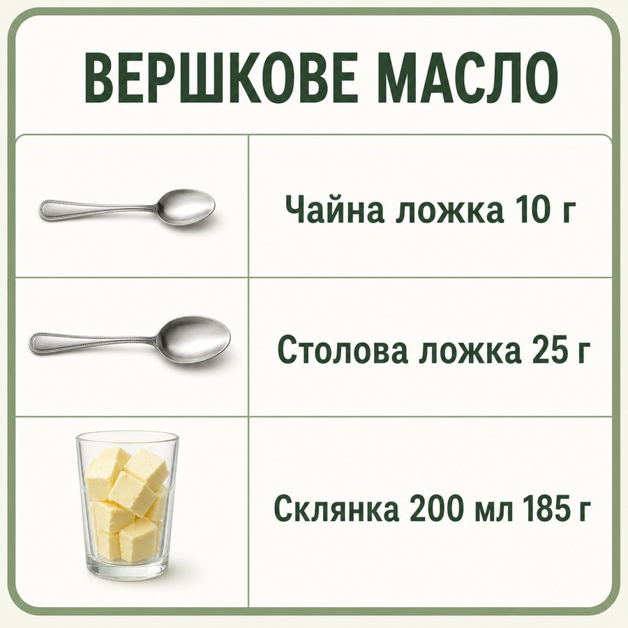 Таблиця мір: Вершкове масло - Чайна ложка 10 г, Столова ложка 25 г, Склянка 200 мл 185 г