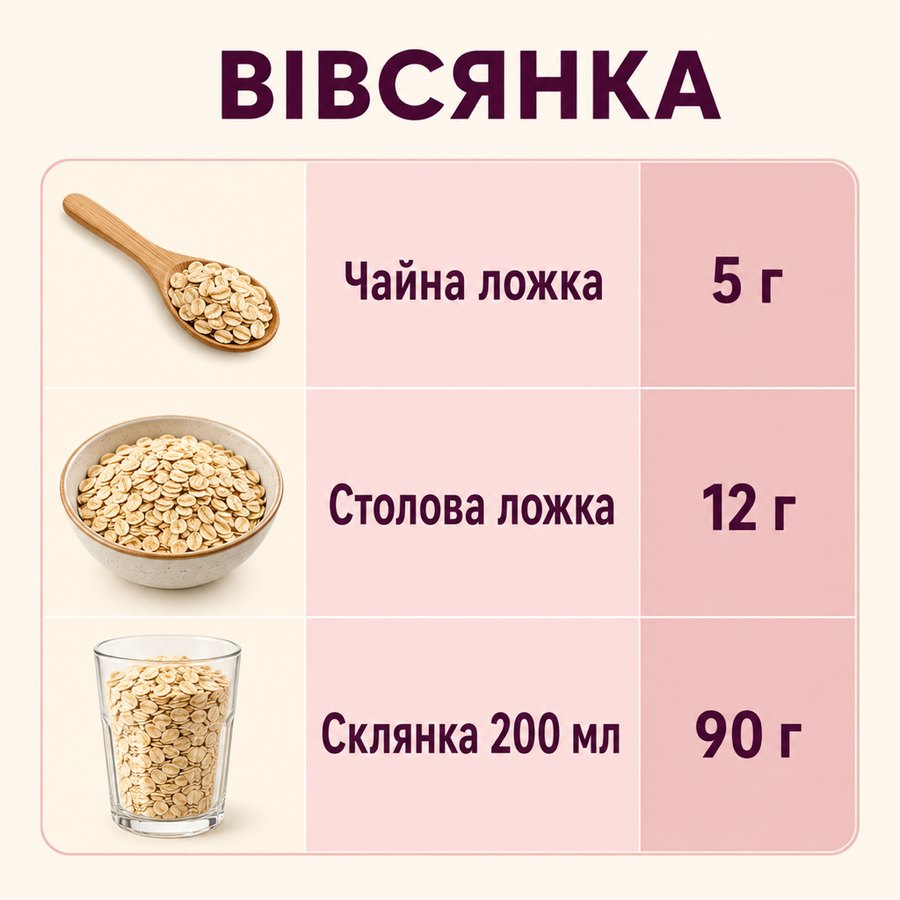 Таблиця мір: Вівсянка - Чайна ложка 5 г, Столова ложка 12 г, Склянка 200 мл 90 г