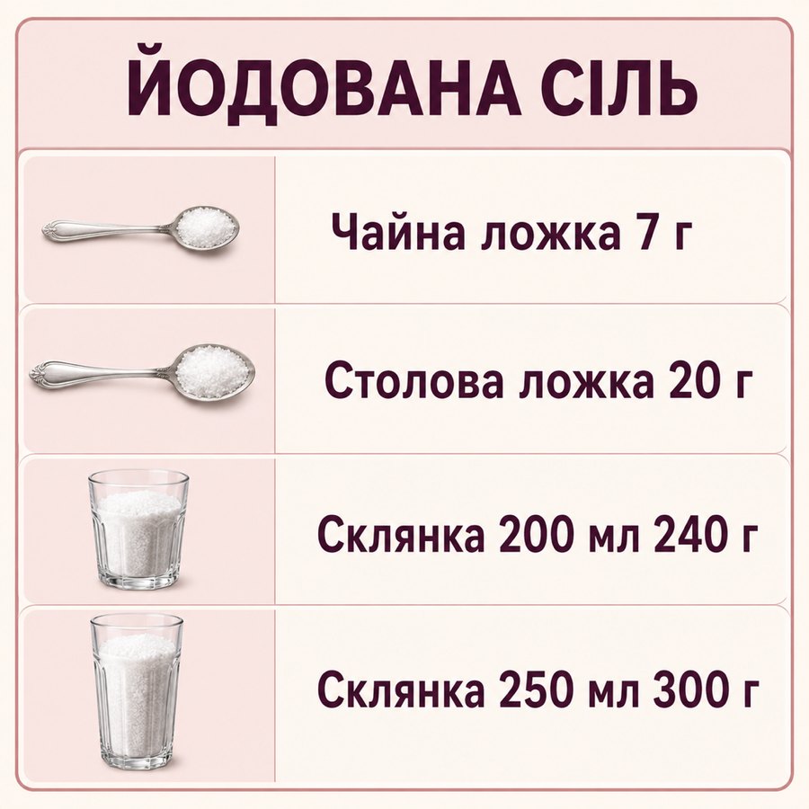 Таблиця мір: Йодована сіль - Чайна ложка 7 г, Столова ложка 20 г, Склянка 200 мл 240 г, Склянка 250 мл 300 г