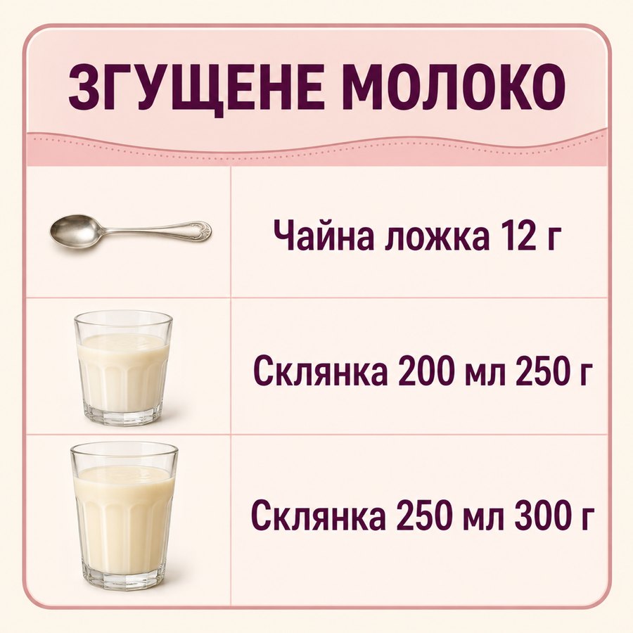 Таблиця мір: Згущене молоко - Чайна ложка 12 г, Склянка 200 мл 250 г, Склянка 250 мл 300 г