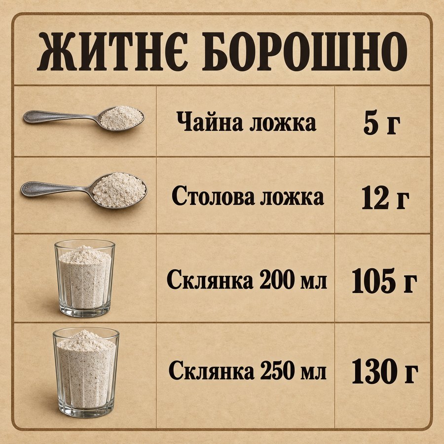 Таблиця мір: Житнє борошно - Чайна ложка 5 г, Столова ложка 12 г, Склянка 200 мл 105 г, Склянка 250 мл 130 г