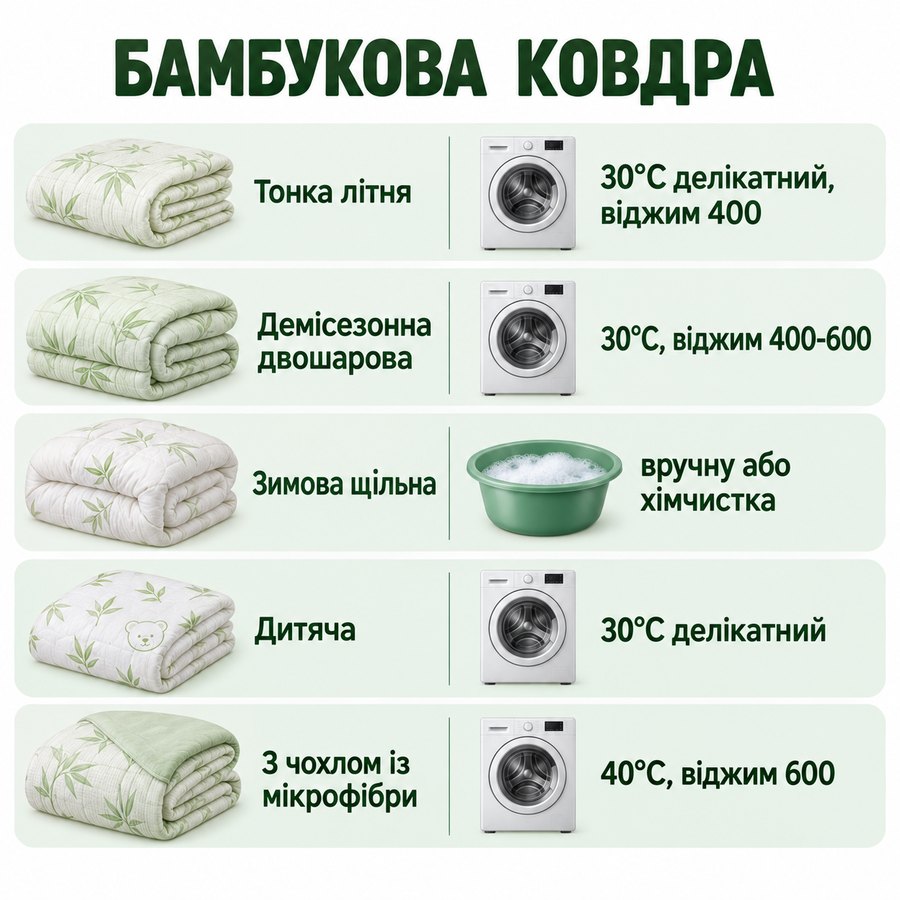 Що можна прати в машинці: Бамбукова ковдра - Тонка літня 30°C делікатний, віджим 400, Демісезонна двошарова 30°C, віджим 400-600, Зимова щільна вручну або хімчистка, Дитяча 30°C делікатний, З чохлом із мікрофібри 40°C, віджим 600