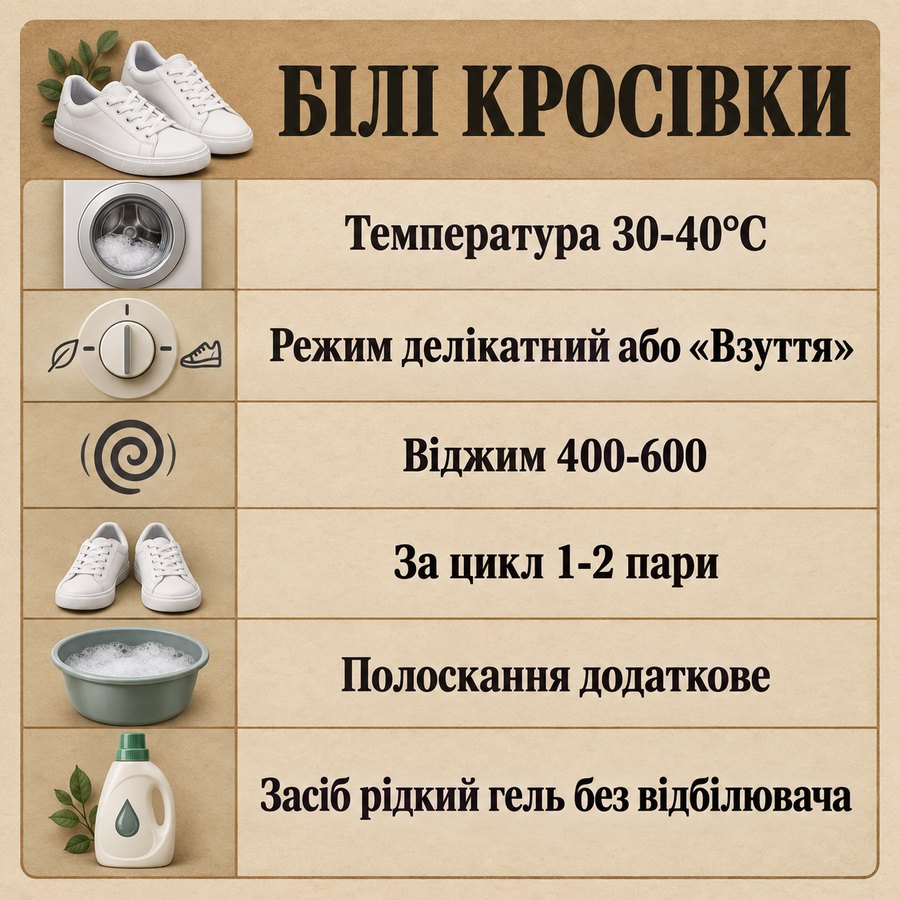 Що можна прати в машинці: Білі кросівки - Температура 30-40°C, Режим делікатний або «Взуття», Віджим 400-600, За цикл 1-2 пари, Полоскання додаткове, Засіб рідкий гель без відбілювача
