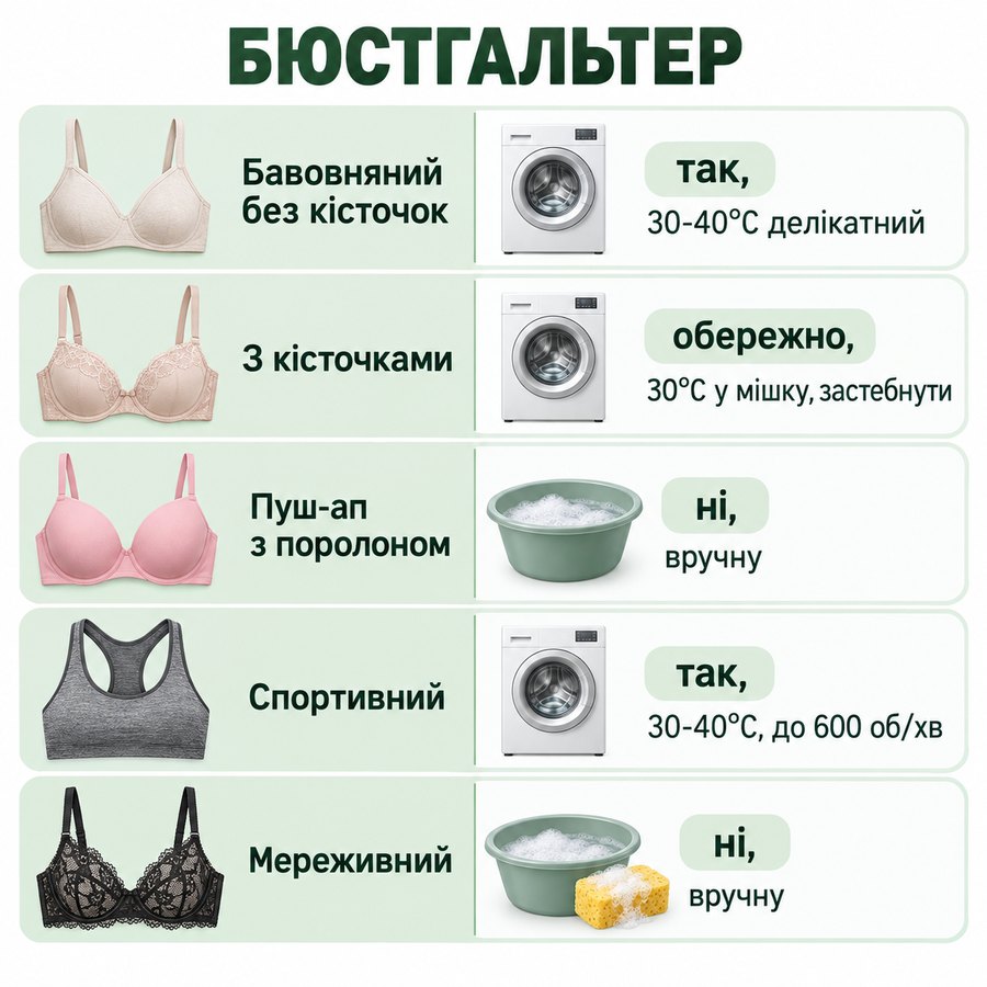 Що можна прати в машинці: Бюстгальтер - Бавовняний без кісточок так, 30-40°C делікатний, З кісточками обережно, 30°C у мішку, застебнути, Пуш-ап з поролоном ні, вручну, Спортивний так, 30-40°C, до 600 об/хв, Мереживний ні, вручну
