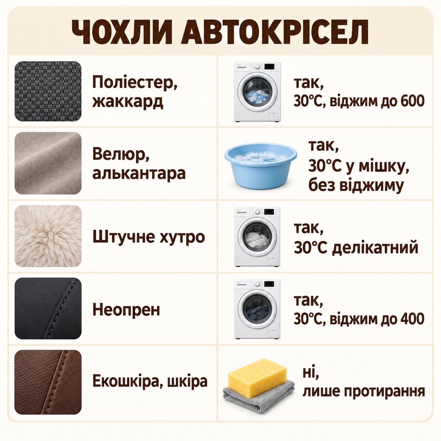 Що можна прати в машинці: Чохли автокрісел - Поліестер, жаккард так, 30°C, віджим до 600, Велюр, алькантара так, 30°C у мішку, без віджиму, Штучне хутро так, 30°C делікатний, Неопрен так, 30°C, віджим до 400, Екошкіра, шкіра ні, лише протирання