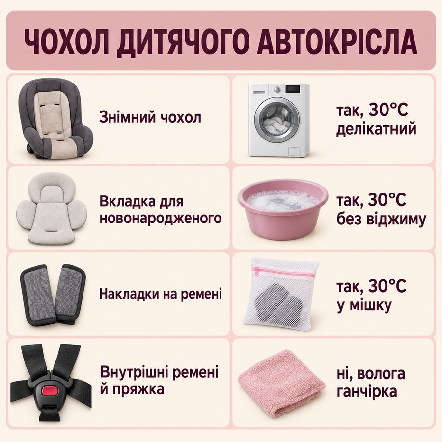 Що можна прати в машинці: Чохол дитячого автокрісла - Знімний чохол так, 30°C делікатний, Вкладка для новонародженого так, 30°C без віджиму, Накладки на ремені так, 30°C у мішку, Внутрішні ремені й пряжка ні, волога ганчірка