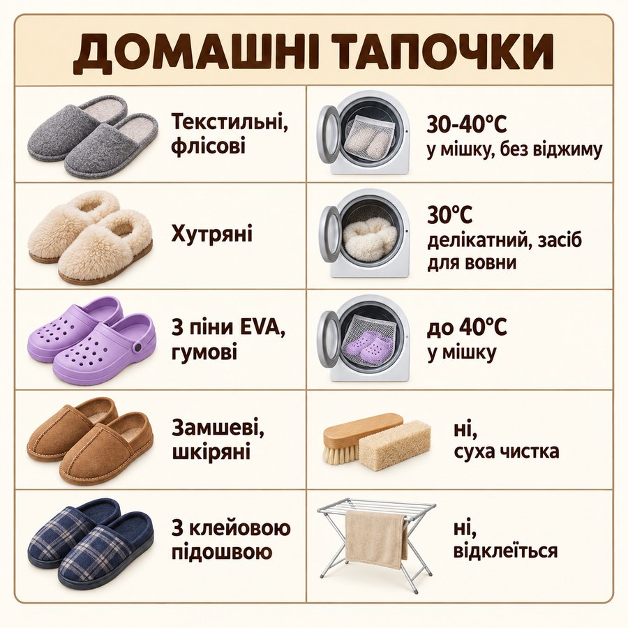 Що можна прати в машинці: Домашні тапочки - Текстильні, флісові 30-40°C у мішку, без віджиму, Хутряні 30°C делікатний, засіб для вовни, З піни EVA, гумові до 40°C у мішку, Замшеві, шкіряні ні, суха чистка, З клейовою підошвою ні, відклеїться