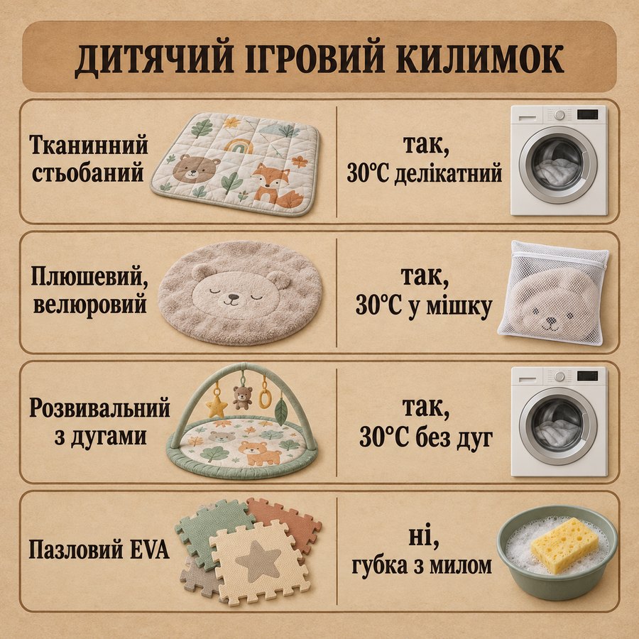 Що можна прати в машинці: Дитячий ігровий килимок - Тканинний стьобаний так, 30°C делікатний, Плюшевий, велюровий так, 30°C у мішку, Розвивальний з дугами так, 30°C без дуг, Пазловий EVA ні, губка з милом