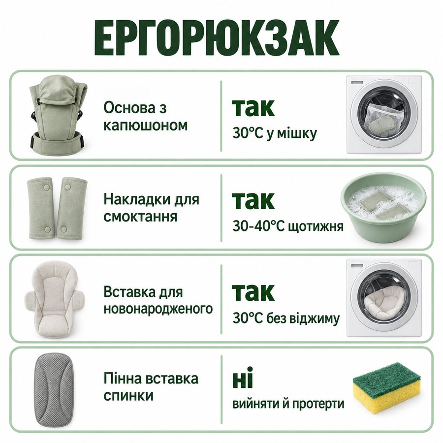 Що можна прати в машинці: Ергорюкзак - Основа з капюшоном так, 30°C у мішку, Накладки для смоктання так, 30-40°C щотижня, Вставка для новонародженого так, 30°C без віджиму, Пінна вставка спинки ні, вийняти й протерти