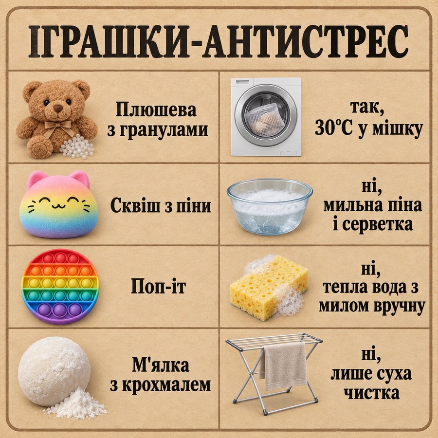 Що можна прати в машинці: Іграшки-антистрес - Плюшева з гранулами так, 30°C у мішку, Сквіш з піни ні, мильна піна і серветка, Поп-іт ні, тепла вода з милом вручну, М'ялка з крохмалем ні, лише суха чистка