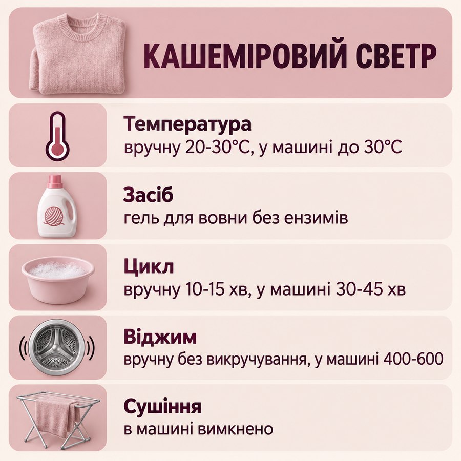 Що можна прати в машинці: Кашеміровий светр - Температура вручну 20-30°C, у машині до 30°C, Засіб гель для вовни без ензимів, Цикл вручну 10-15 хв, у машині 30-45 хв, Віджим вручну без викручування, у машині 400-600, Сушіння в машині вимкнено