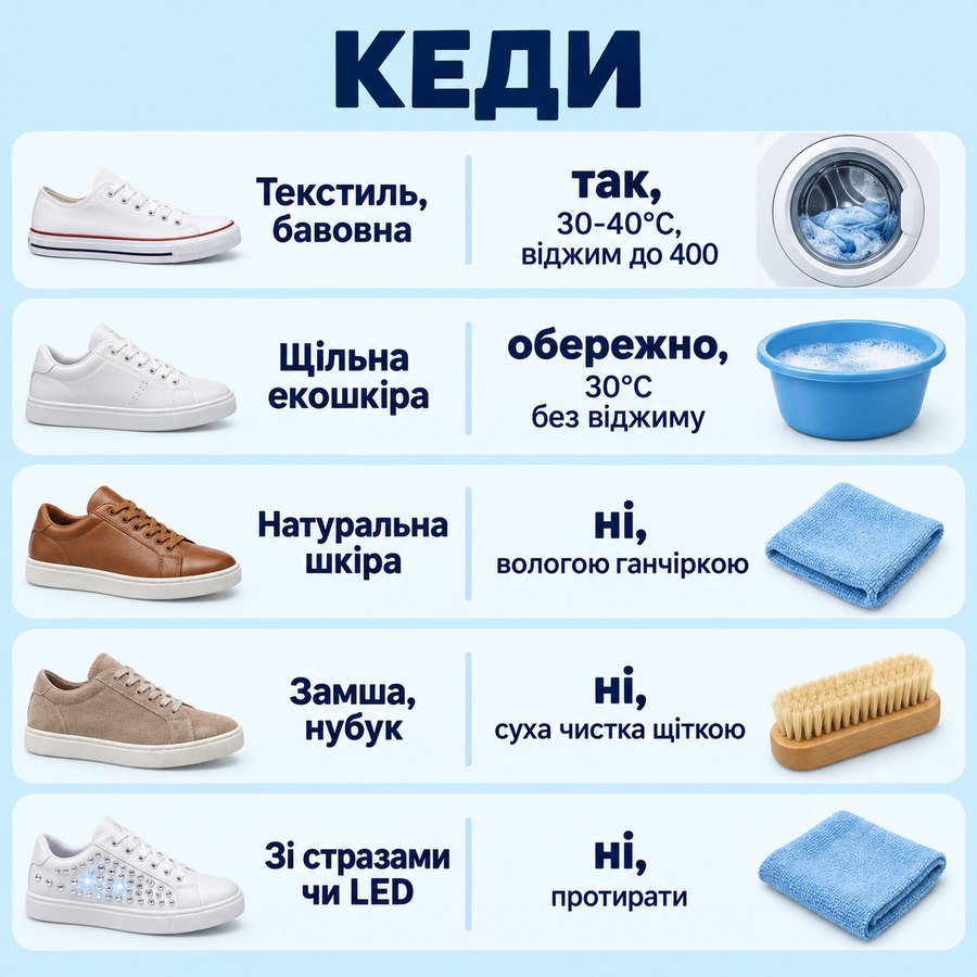 Що можна прати в машинці: Кеди - Текстиль, бавовна так, 30-40°C, віджим до 400, Щільна екошкіра обережно, 30°C без віджиму, Натуральна шкіра ні, вологою ганчіркою, Замша, нубук ні, суха чистка щіткою, Зі стразами чи LED ні, протирати
