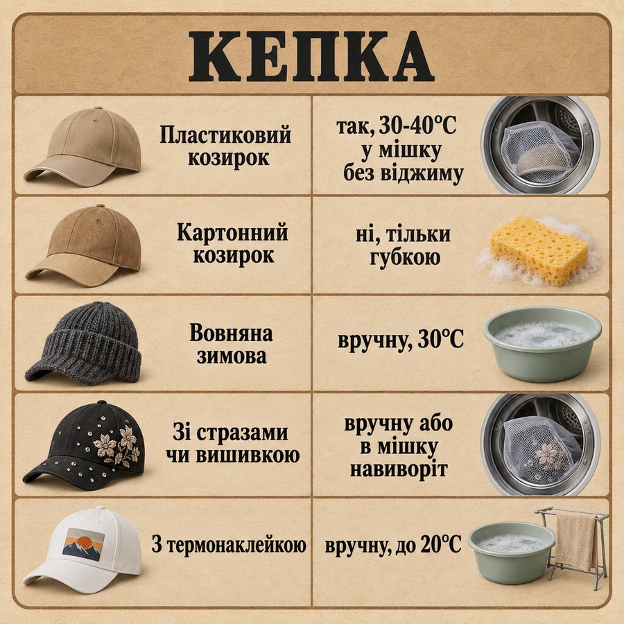 Що можна прати в машинці: Кепка - Пластиковий козирок так, 30-40°C у мішку без віджиму, Картонний козирок ні, тільки губкою, Вовняна зимова вручну, 30°C, Зі стразами чи вишивкою вручну або в мішку навиворіт, З термонаклейкою вручну, до 20°C