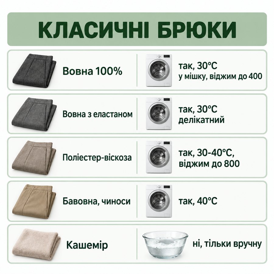 Що можна прати в машинці: Класичні брюки - Вовна 100% так, 30°C у мішку, віджим до 400, Вовна з еластаном так, 30°C делікатний, Поліестер-віскоза так, 30-40°C, віджим до 800, Бавовна, чиноси так, 40°C, Кашемір ні, тільки вручну