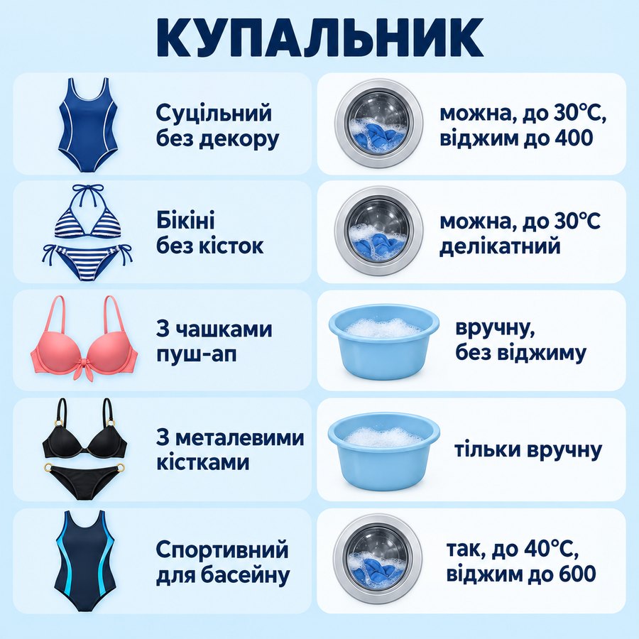 Що можна прати в машинці: Купальник - Суцільний без декору можна, до 30°C, віджим до 400, Бікіні без кісток можна, до 30°C делікатний, З чашками пуш-ап вручну, без віджиму, З металевими кістками тільки вручну, Спортивний для басейну так, до 40°C, віджим до 600