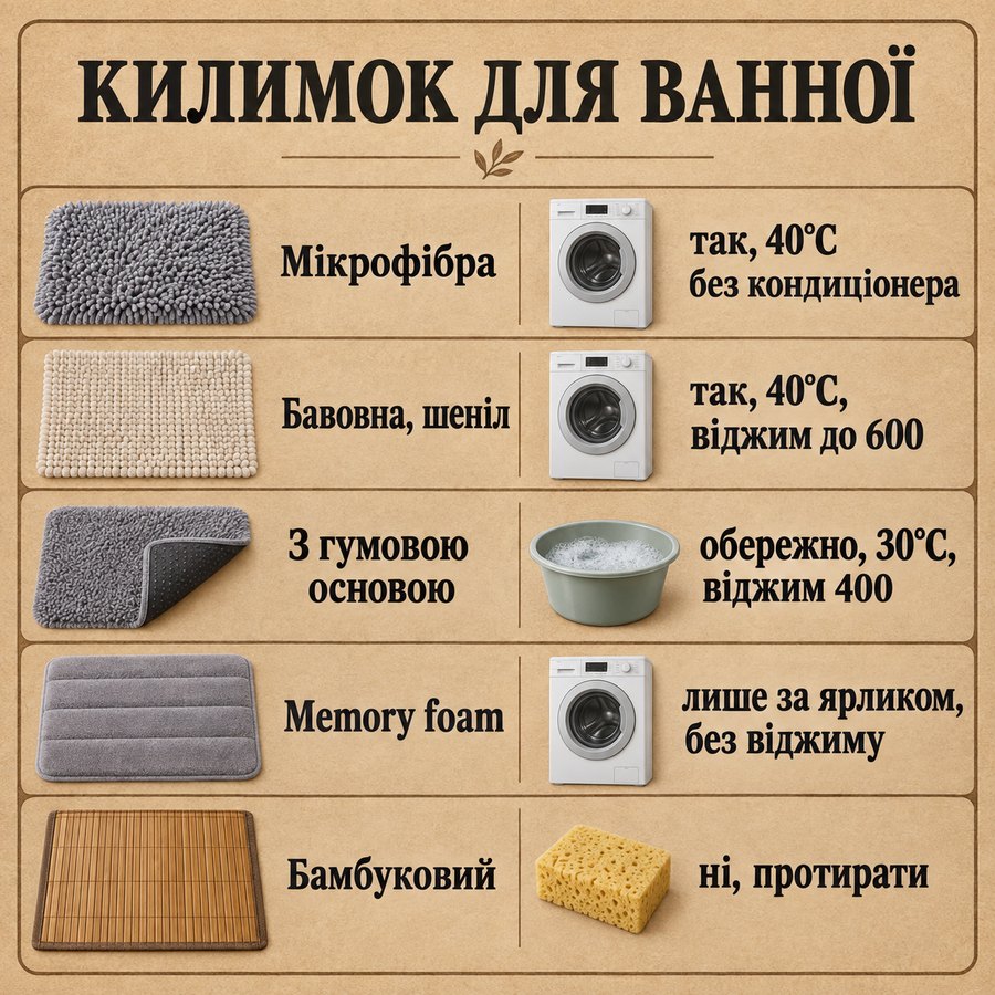 Що можна прати в машинці: Килимок для ванної - Мікрофібра так, 40°C без кондиціонера, Бавовна, шеніл так, 40°C, віджим до 600, З гумовою основою обережно, 30°C, віджим 400, Memory foam лише за ярликом, без віджиму, Бамбуковий ні, протирати
