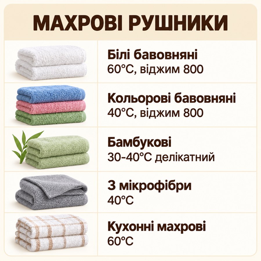 Що можна прати в машинці: Махрові рушники - Білі бавовняні 60°C, віджим 800, Кольорові бавовняні 40°C, віджим 800, Бамбукові 30-40°C делікатний, З мікрофібри 40°C, Кухонні махрові 60°C