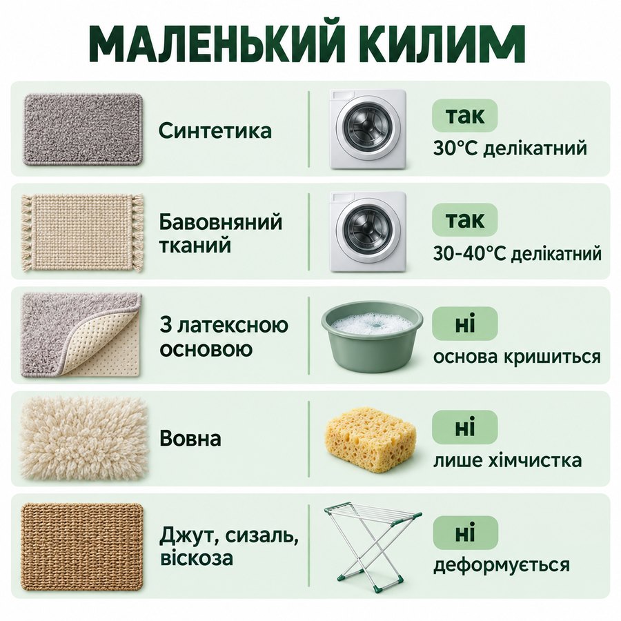 Що можна прати в машинці: Маленький килим - Синтетика так, 30°C делікатний, Бавовняний тканий так, 30-40°C делікатний, З латексною основою ні, основа кришиться, Вовна ні, лише хімчистка, Джут, сизаль, віскоза ні, деформується