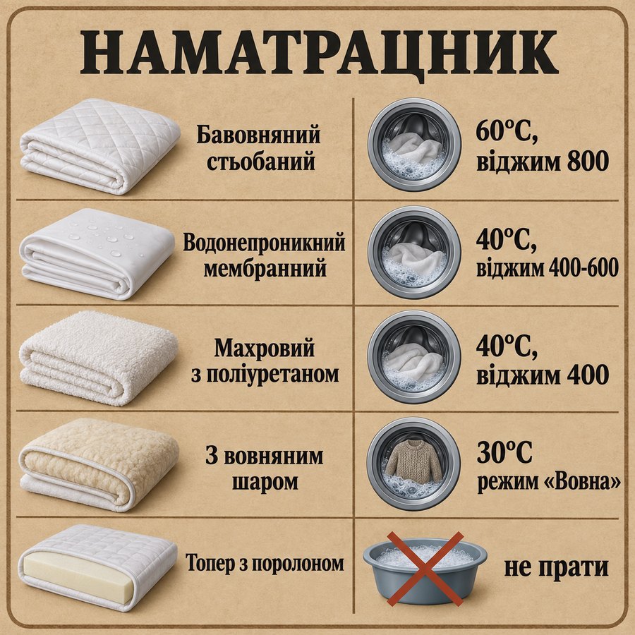 Що можна прати в машинці: Наматрацник - Бавовняний стьобаний 60°C, віджим 800, Водонепроникний мембранний 40°C, віджим 400-600, Махровий з поліуретаном 40°C, віджим 400, З вовняним шаром 30°C режим «Вовна», Топер з поролоном не прати