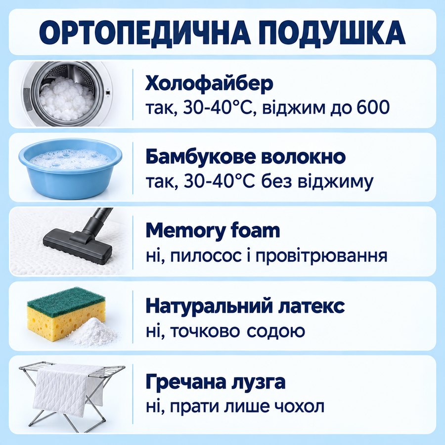 Що можна прати в машинці: Ортопедична подушка - Холофайбер так, 30-40°C, віджим до 600, Бамбукове волокно так, 30-40°C без віджиму, Memory foam ні, пилосос і провітрювання, Натуральний латекс ні, точково содою, Гречана лузга ні, прати лише чохол