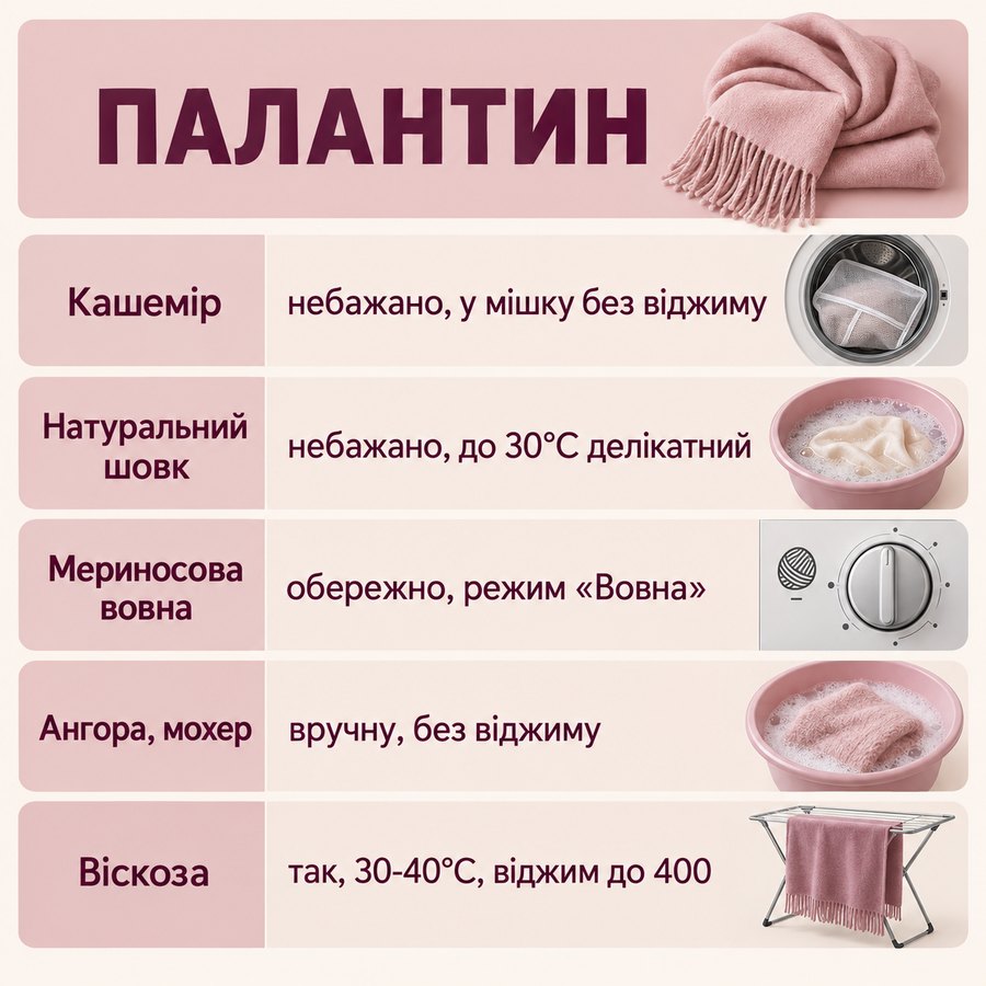 Що можна прати в машинці: Палантин - Кашемір небажано, у мішку без віджиму, Натуральний шовк небажано, до 30°C делікатний, Мериносова вовна обережно, режим «Вовна», Ангора, мохер вручну, без віджиму, Віскоза так, 30-40°C, віджим до 400
