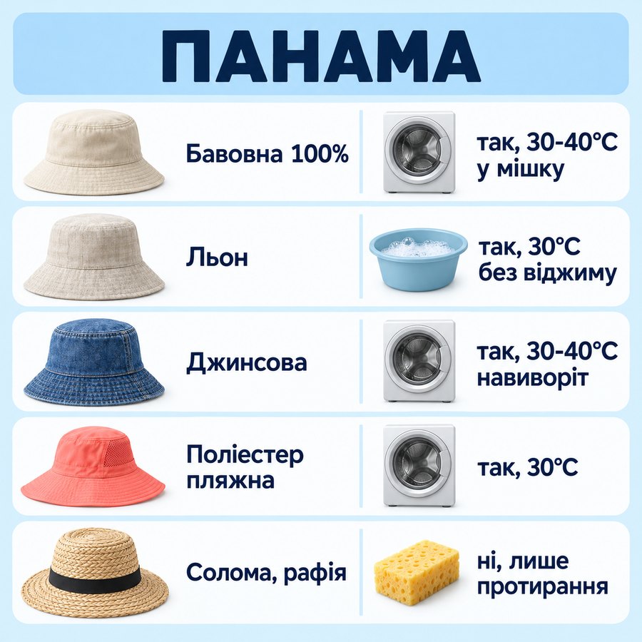 Що можна прати в машинці: Панама - Бавовна 100% так, 30-40°C у мішку, Льон так, 30°C без віджиму, Джинсова так, 30-40°C навиворіт, Поліестер пляжна так, 30°C, Солома, рафія ні, лише протирання
