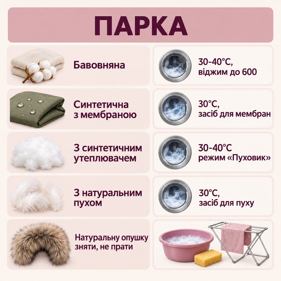 Що можна прати в машинці: Парка - Бавовняна 30-40°C, віджим до 600, Синтетична з мембраною 30°C, засіб для мембран, З синтетичним утеплювачем 30-40°C режим «Пуховик», З натуральним пухом 30°C, засіб для пуху, Натуральну опушку зняти, не прати