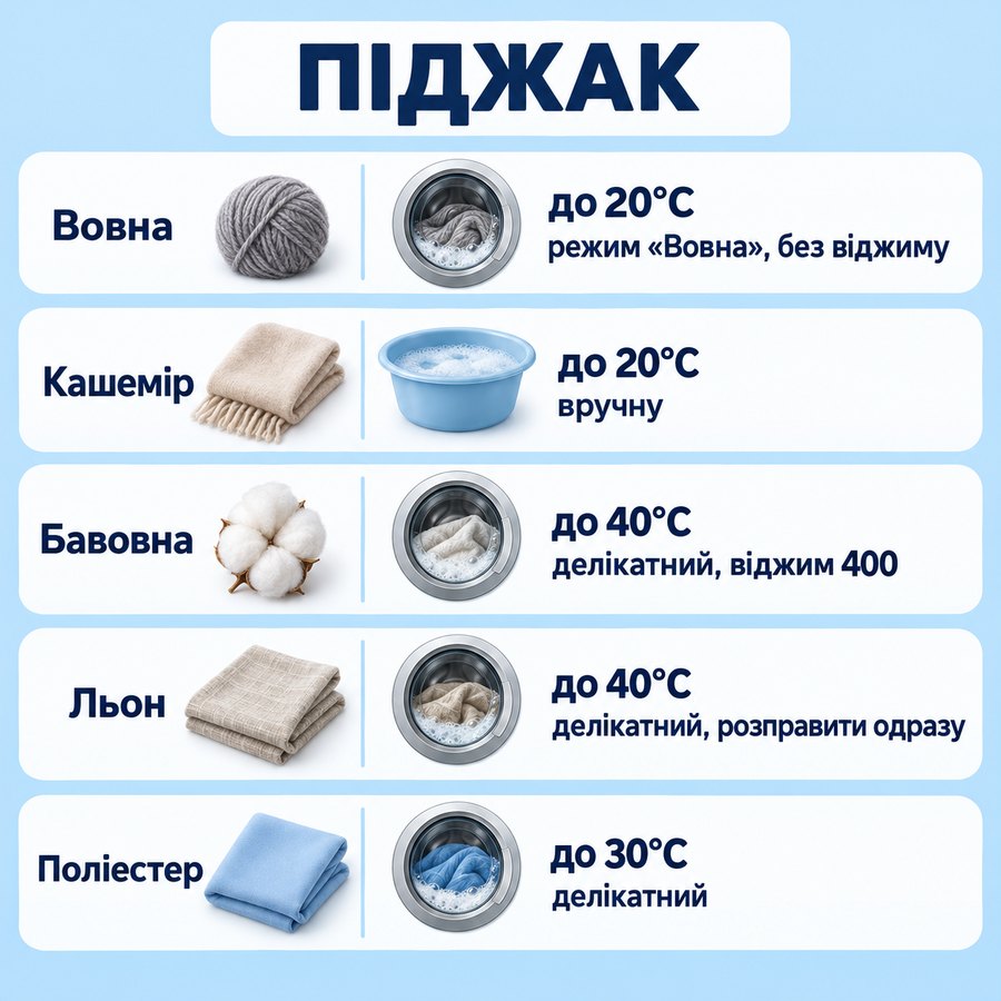 Що можна прати в машинці: Піджак - Вовна до 20°C режим «Вовна», без віджиму, Кашемір до 20°C вручну, Бавовна до 40°C делікатний, віджим 400, Льон до 40°C делікатний, розправити одразу, Поліестер до 30°C делікатний